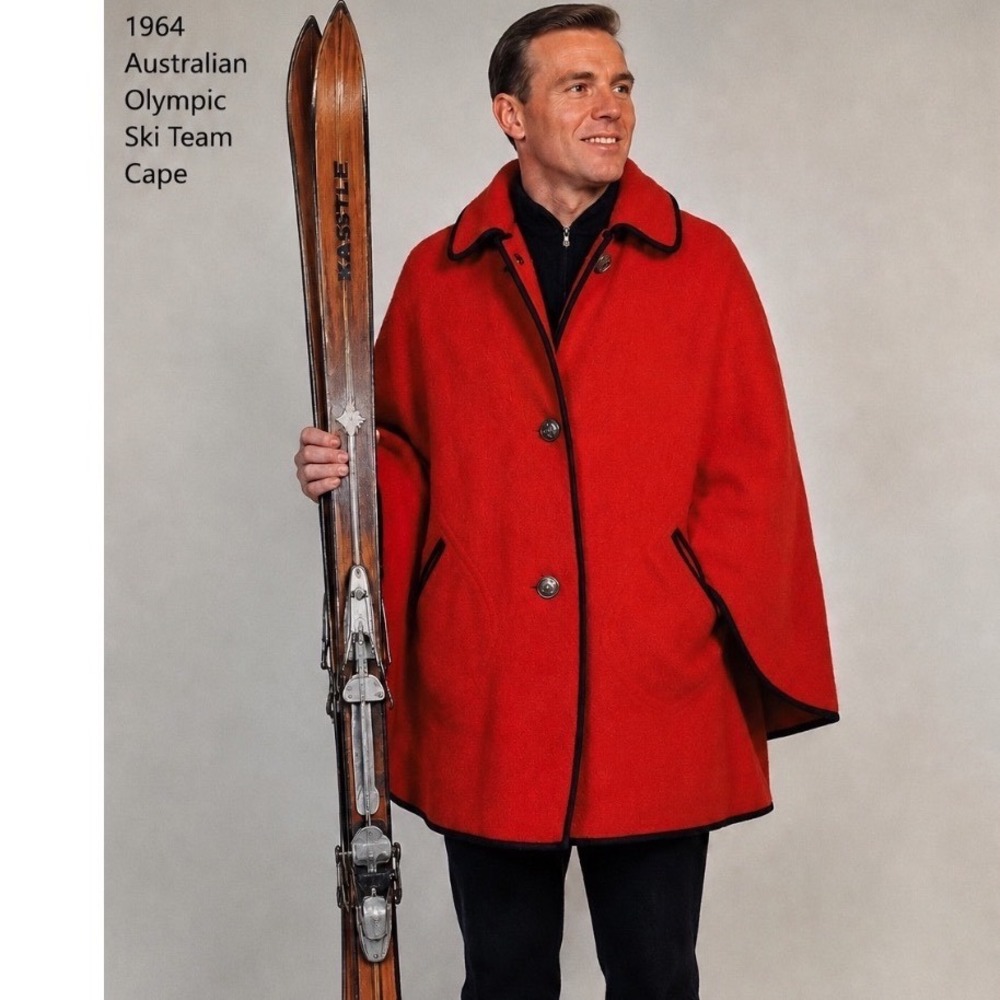 Olympics 1964 Mens Austrian Ski Team Red boiled Wool  Cape sz 42‎ Tiroler Loden